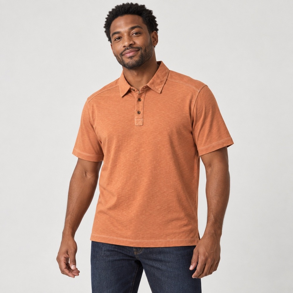 Age of Wisdom Mens Orange Slub Knit Modal Blend Polo Shirt Size Large